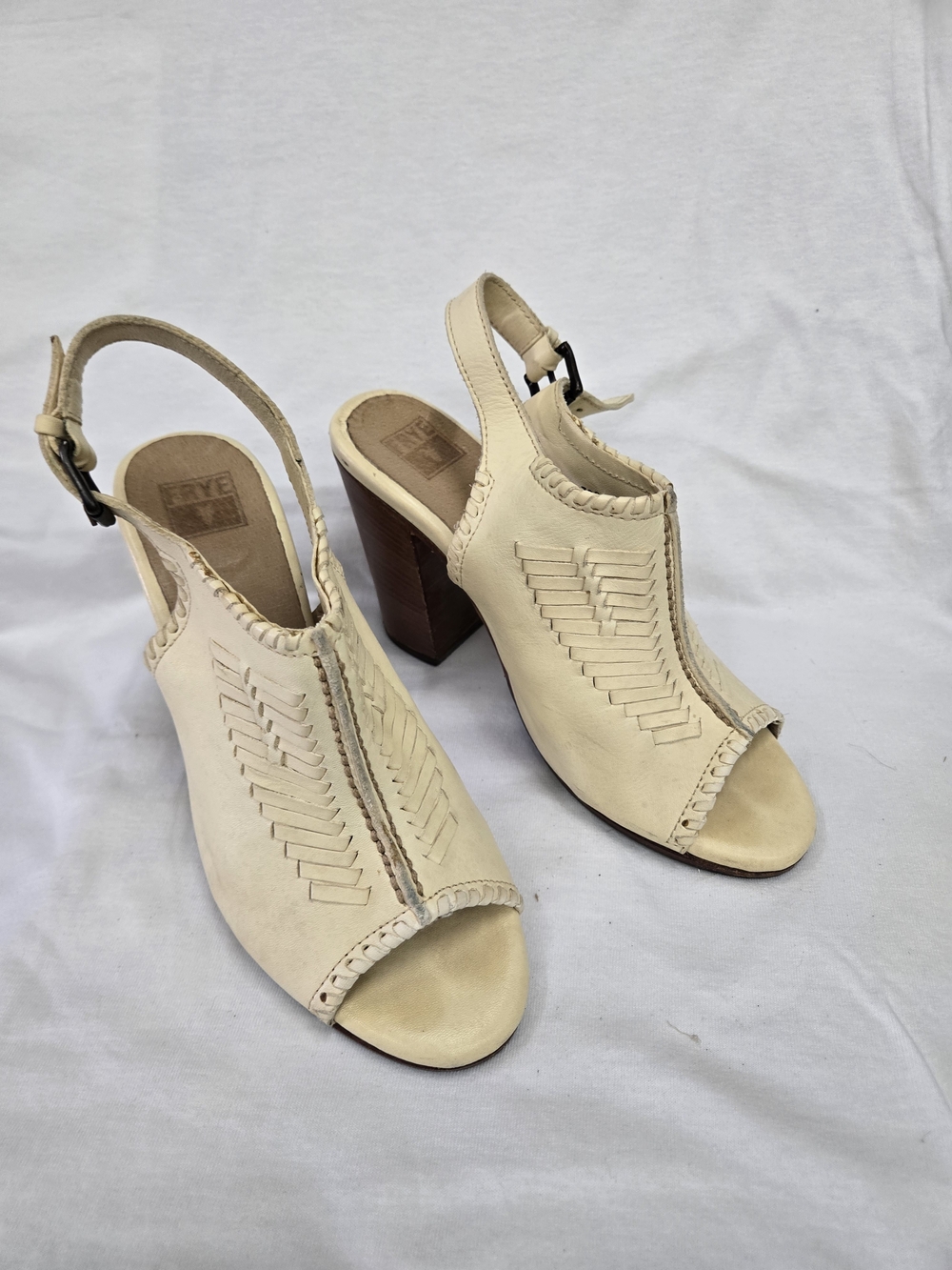 Frye Cream Woven Peep-Toe Slingback Heels